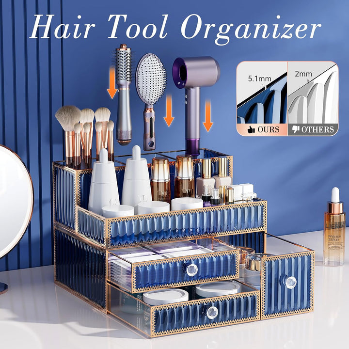 Youdepot Kosmetik Organizer Blau aus gehärtetem Glas, Make-up Organizer für Schminktisch, Skincare,