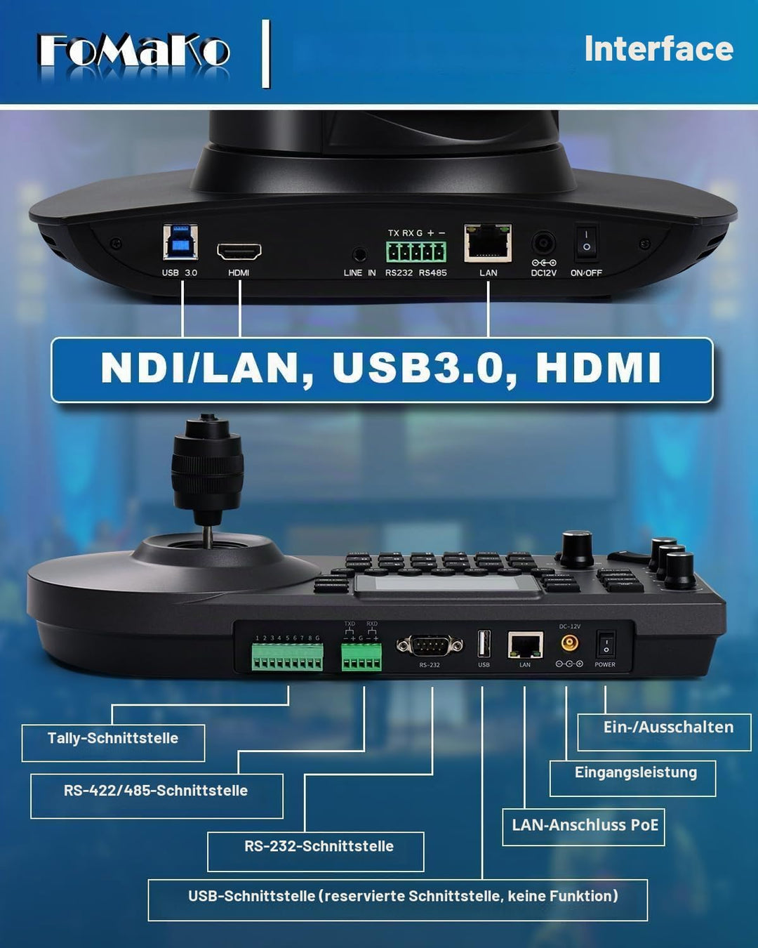 FoMaKo NDI HX3 PTZ Kamera Set, 30x Optischer Zoom KI-Auto-Tracking, mit HDMI/USB3.0/LAN(PoE), für Yo