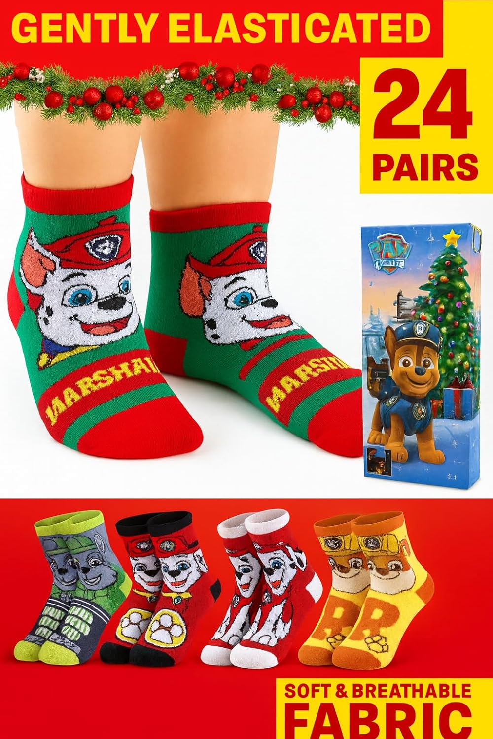 Get Trend PAW Patrol Chase Socken Adventskalender Kinder 2025, 24 Paar Lustige Socken Jungen mit Mar