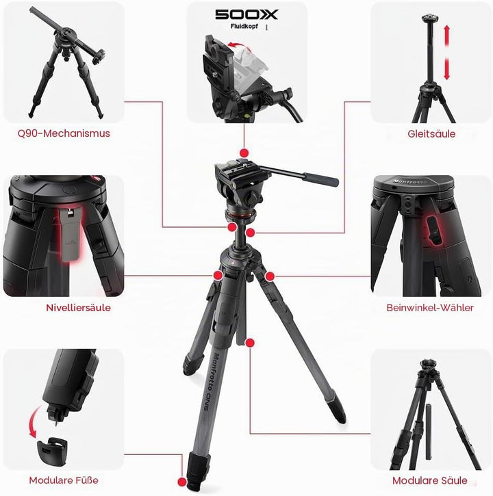 Manfrotto 500X Fluid Videokopf mit ONE Hybrid Carbon Stativ – Foto & Video Stativ Kit, 5kg Traglast,