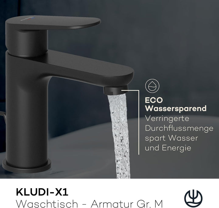 KLUDI-X1 Niederdruck Waschtischarmatur, Auslaufhöhe 95 mm, wassersparender Wasserhahn Bad Schwarz Ma