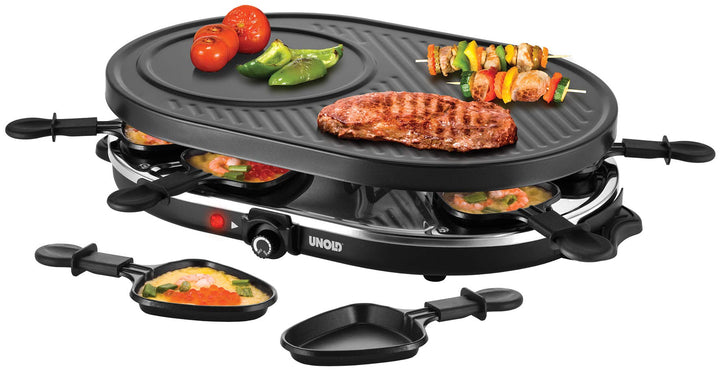 Unold 48795 RACLETTE Gourmet, 1200W, für bis zu 8 Personen, Antihaftbeschichtete Grillplatte, Glatte