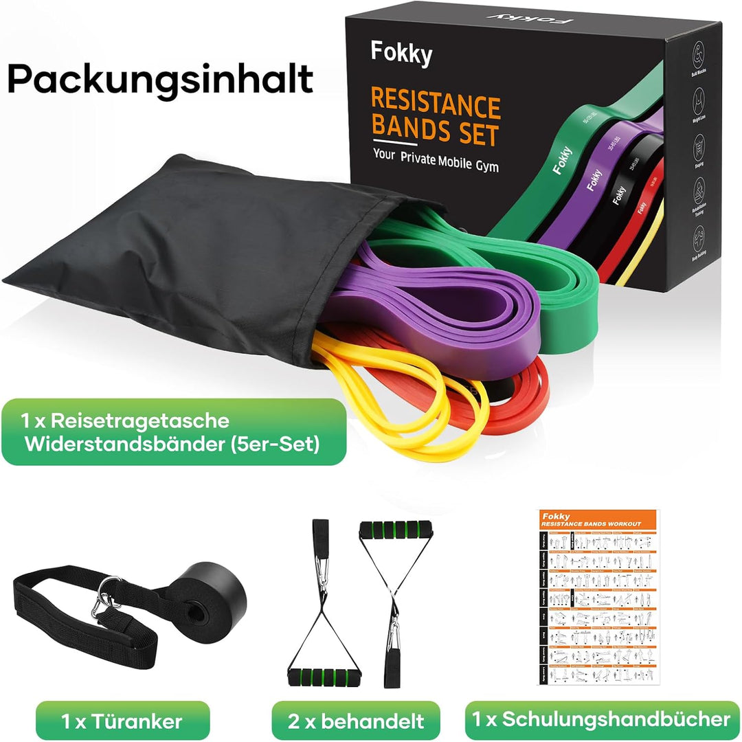 Fokky Fitnessbänder 5 Set, Widerstandsband Resistance Bands Set in 5 Stärke, Fitnessband mit Türanke