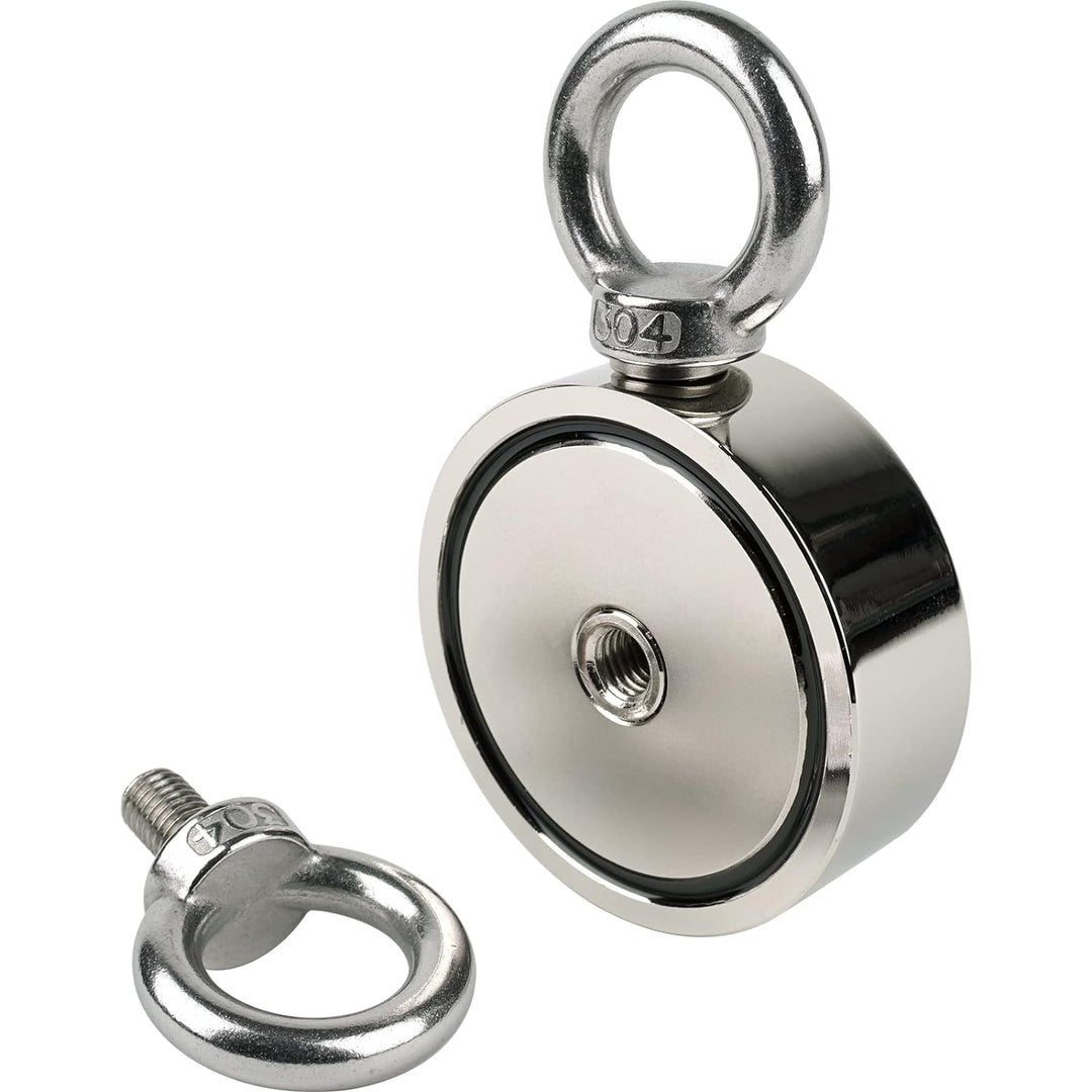 SENSEI Magnet 250 kg, Doppelseitiger Neodym-Magnet N52 mit 2 Ösen oben und seitlich, Ø7,5 x H2,5 cm,