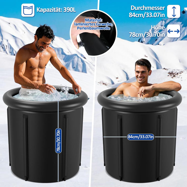 Eisbad Tonne 80 cm, Faltbare Badewanne 390L mit Abdeckung, Eisbaden zu Hause, Kältetherapie Set mit