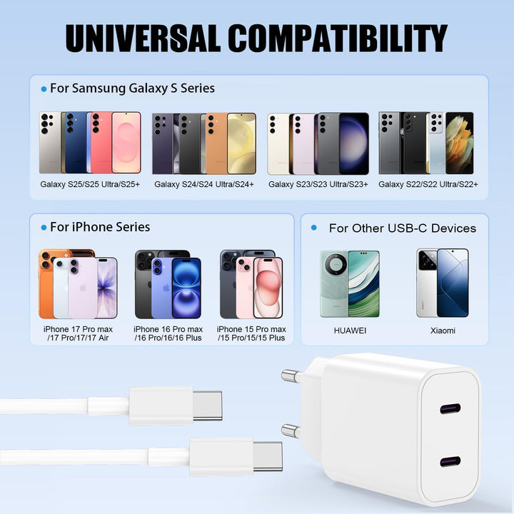 45W USB C Ladegerät Ladekabel für iPhone 16 17 15 Pro max,2-Port USB C Schnellladekabel 1M+2M mit Ne