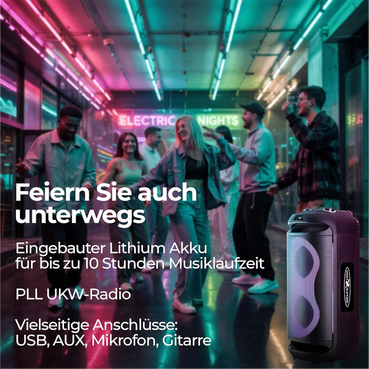 REFLEXION PSX40BT Mobiler Buetooth Partylautsprecher, DJ, Karaoke, 500 Watt, FM PLL Stereo Radio, Di