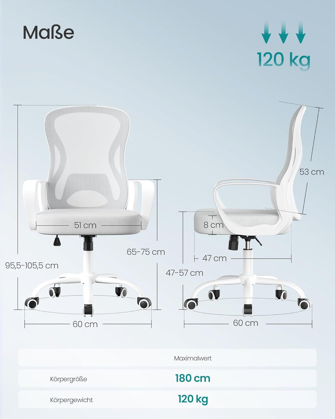 SONGMICS Bürostuhl ergonomisch, Drehstuhl mit Netzgewebe, Schreibtischstuhl mit Lendenstütze, Wippfu