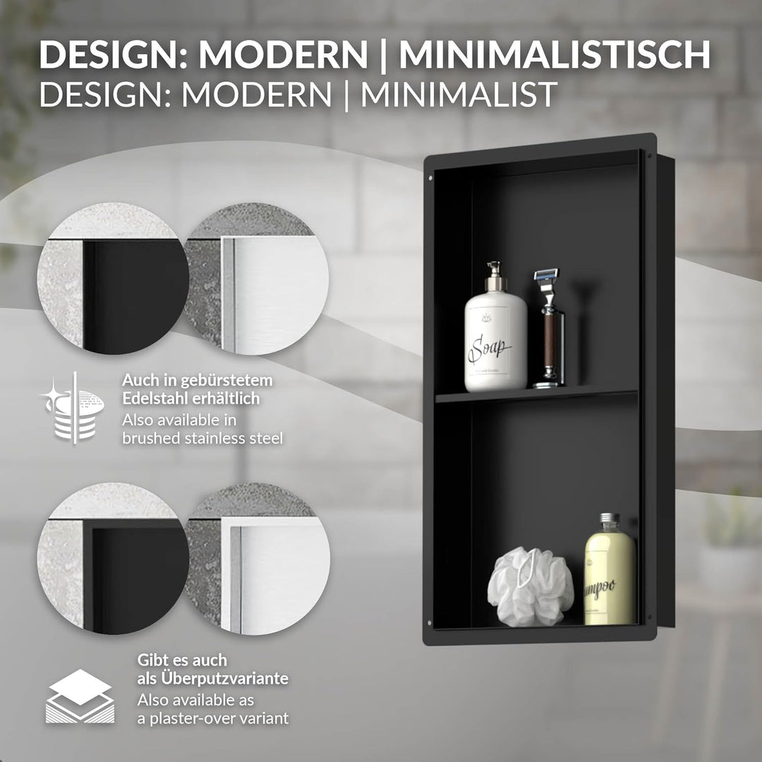 LuxeBath Wandnische Doppel aus Edelstahl, 30x60x10 cm, Schwarz, Duschnische, Randlos, Einbauregal, F