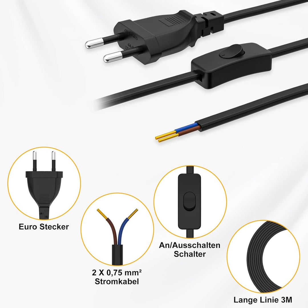 Euro Netzkabel mit Schalter [2 Stück], 8 Meter Euro Stecker Stromkabel, 2 X Ersatzkabel Anschlusskab