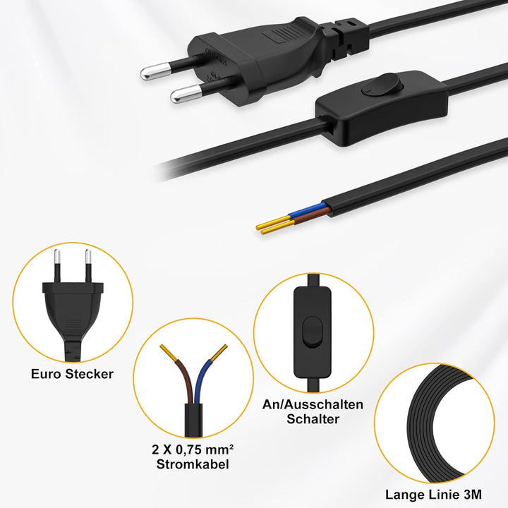 Euro Netzkabel mit Schalter [2 Stück], 8 Meter Euro Stecker Stromkabel, 2 X Ersatzkabel Anschlusskab