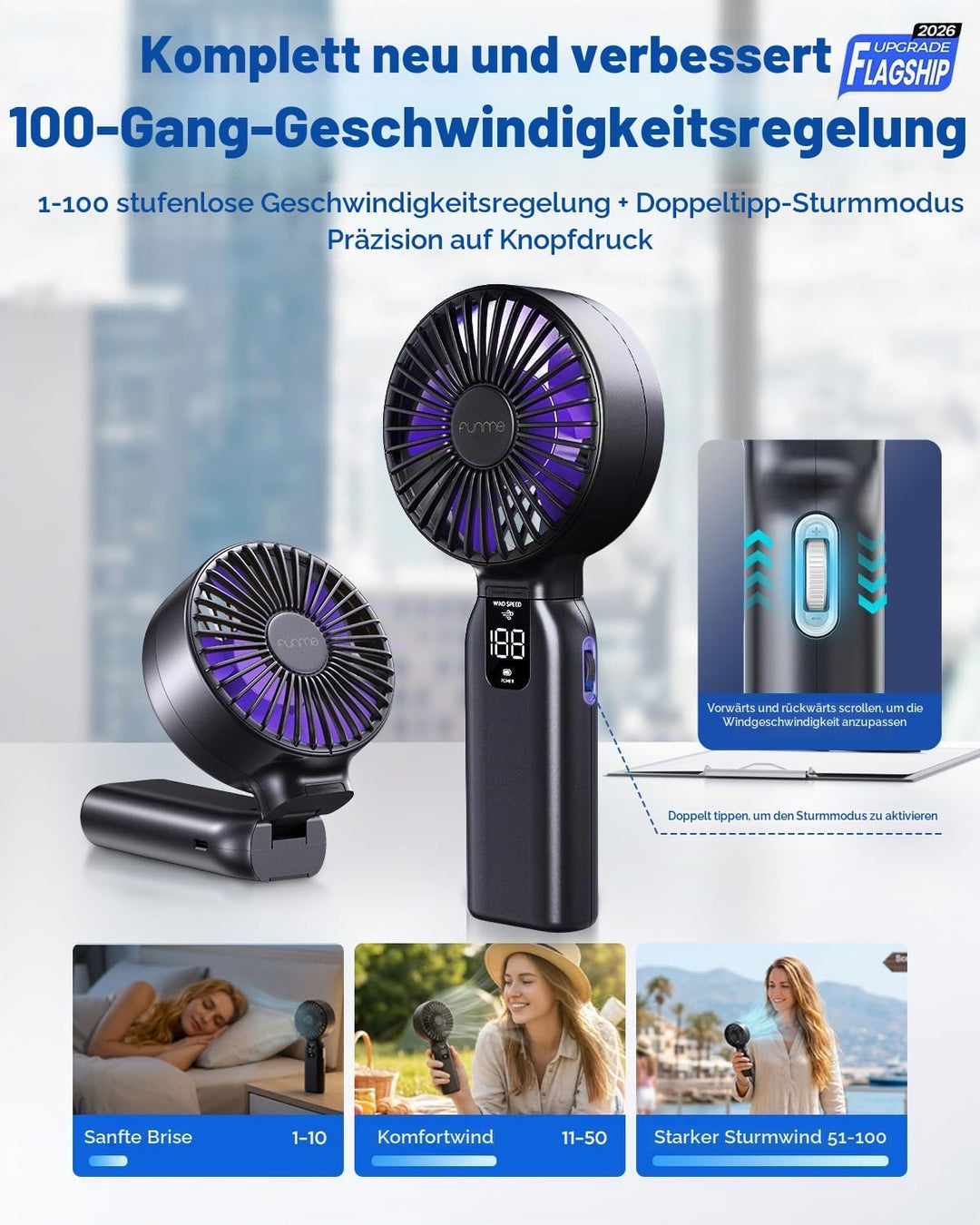 Funme Handventilator, 10000mAh 46H Ventilator Hand mit Powerbank, 100 Windstufen &amp; Sturmmodus, 4" Fl