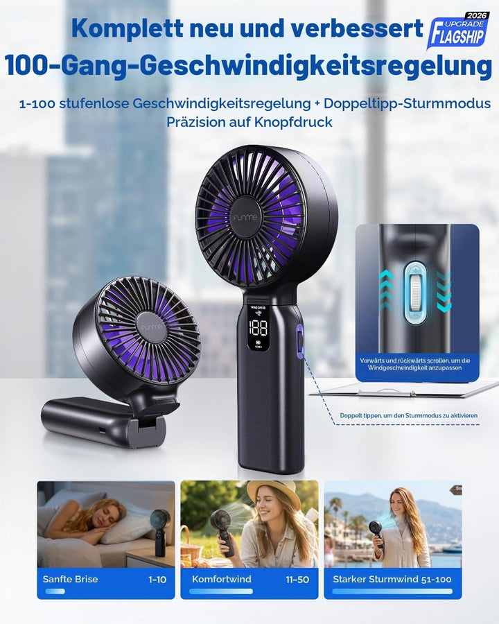 Funme Handventilator, 10000mAh 46H Ventilator Hand mit Powerbank, 100 Windstufen &amp; Sturmmodus, 4" Fl
