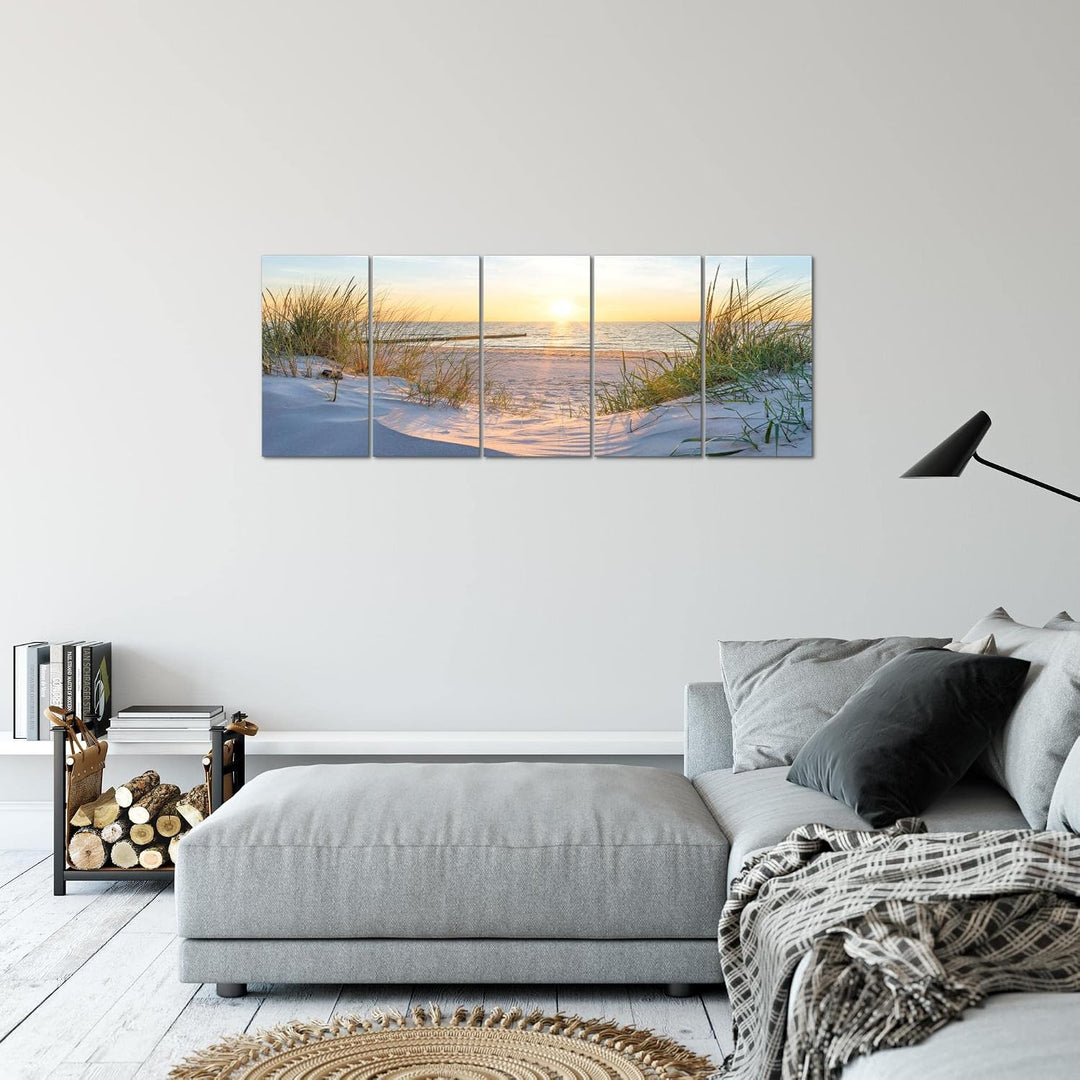Runa Art Bild Strand Sonnenuntergang Wandbilder auf Vlies Leinwand 5 Teilig Wanddekoration Schlafzim