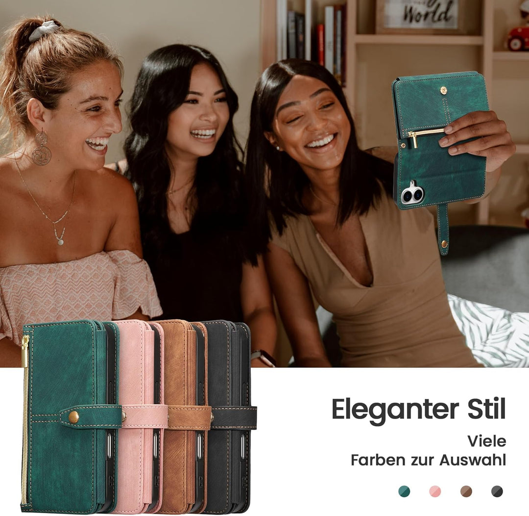 ZCDAYE Hülle für iPhone 16 mit Band Handykette, Leder iPhone 16 Handyhülle Handytasche mit Kartenfäc
