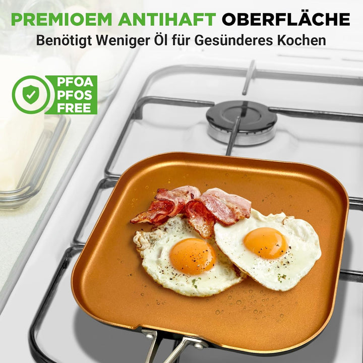 NutriChef Kupfer Bratpfanne Induktion – 28 cm, Antihaft, Viereckig Gesundes Kochen ohne Beschichtung