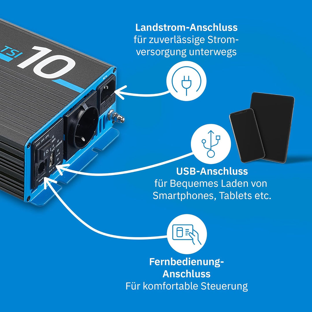 ECTIVE Reiner Sinsus Wechselrichter TSI 10-1000W, USB, 12V auf 230V, Überlastschutz, Überhitzungssch