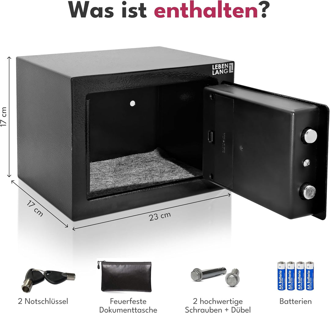 LEBENLANG 5L Safe Tresor für Zuhause - Inkl. Feuerfester Dokumententasche &amp; Notschlüssel I Schranktr