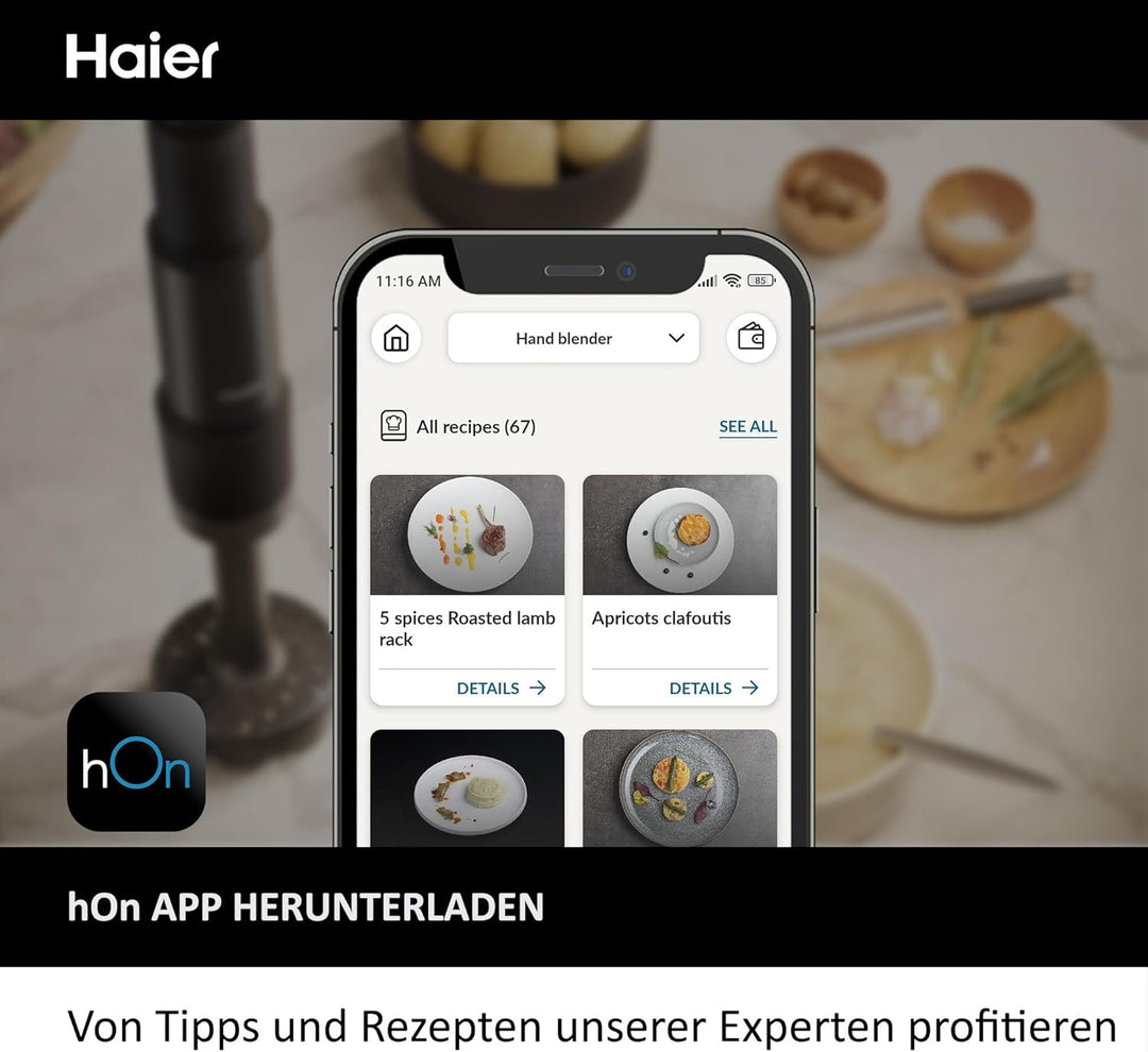 Haier Stabmixer 4-in-1 mit Messbecher, Quirl, Stampfer, Zerkleinerer I 1000W Pürierstab aus Edelstah
