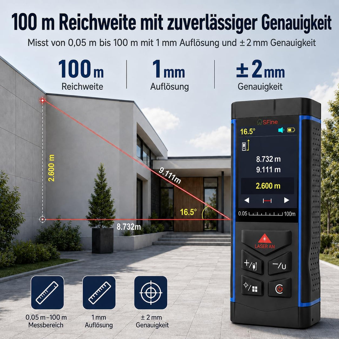 100m Laser Entfernungsmesser mit 6-Fach Kamera, ±2mm Genauigkeit, Elektronische Wasserwaage, Echtzei