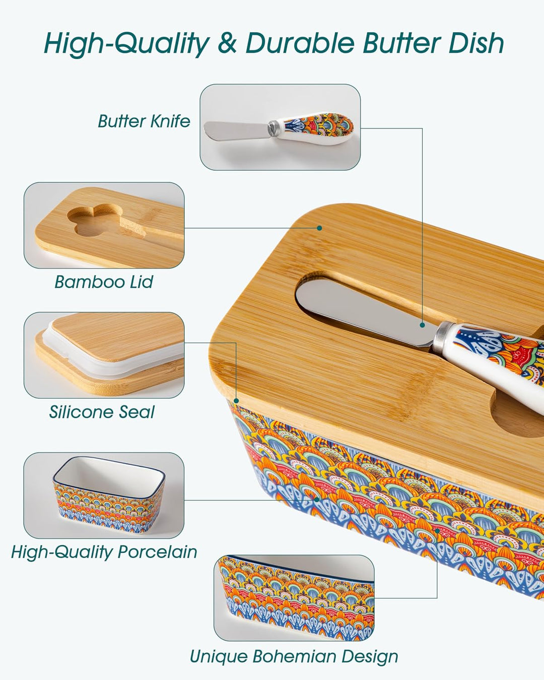 Butterdose Keramik, vancasso SIMI Hochwertige Butterglocke mit Messer und Holzdeckel, Butterdose Por