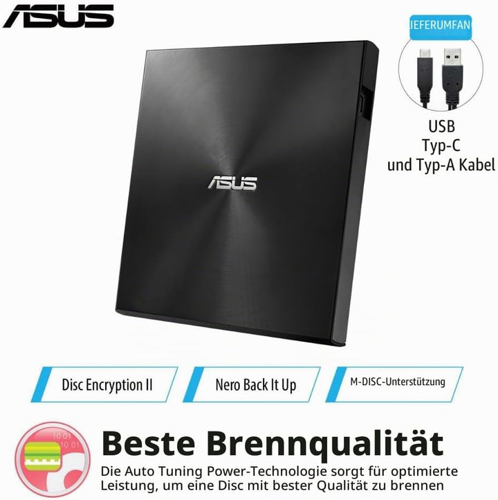 ASUS ZenDrive U9M Schwarz – USB 2.0/USB-C Slim Externer DVD-Brenner Optische Disc 8X Speed Re-Writer