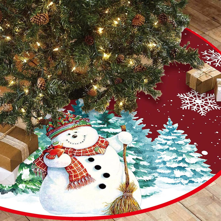 Weihnachtsbaum Decke 120cm, Dunkelrot Weihnachtsbaum Rock mit Schneemann & Schneeflocke, Polyester W