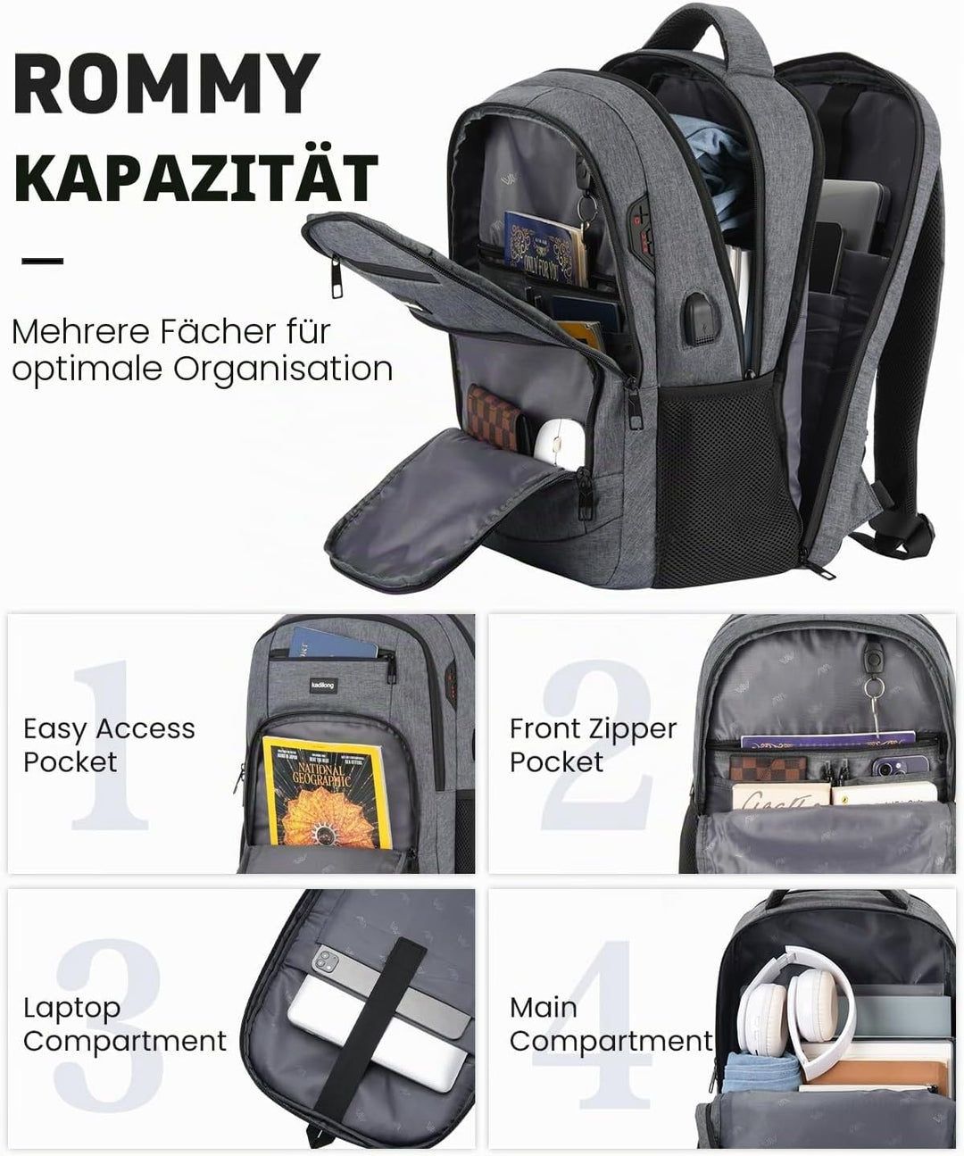 kadilong Gross Rucksack Laptop Herren 17.3 Zoll,Schulrucksack Jungen Teenager Rucksack Schule Schulr