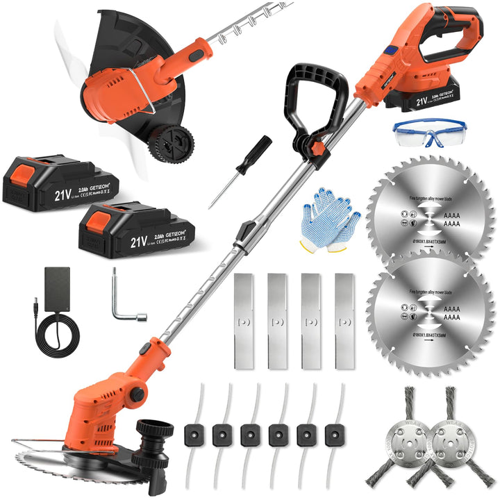 Rasentrimmer Akku 21V, 4-in-1 Freischneider mit 850W Motor und LCD-Anzeige, inkl. Stahlbürste und 8"
