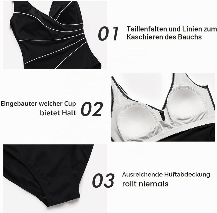 DELIMIRA Damen Badeanzug Bauchweg Grosse Grössen V Ausschnitt Gepolsterte Einteiler Bademode, 36 Sch