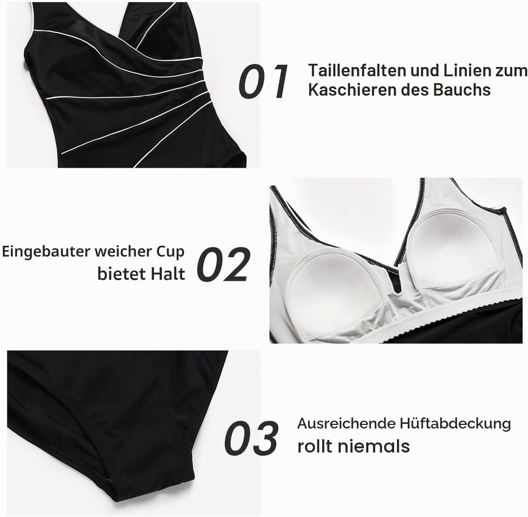 DELIMIRA Damen Badeanzug Bauchweg Grosse Grössen V Ausschnitt Gepolsterte Einteiler Bademode 38 Schw