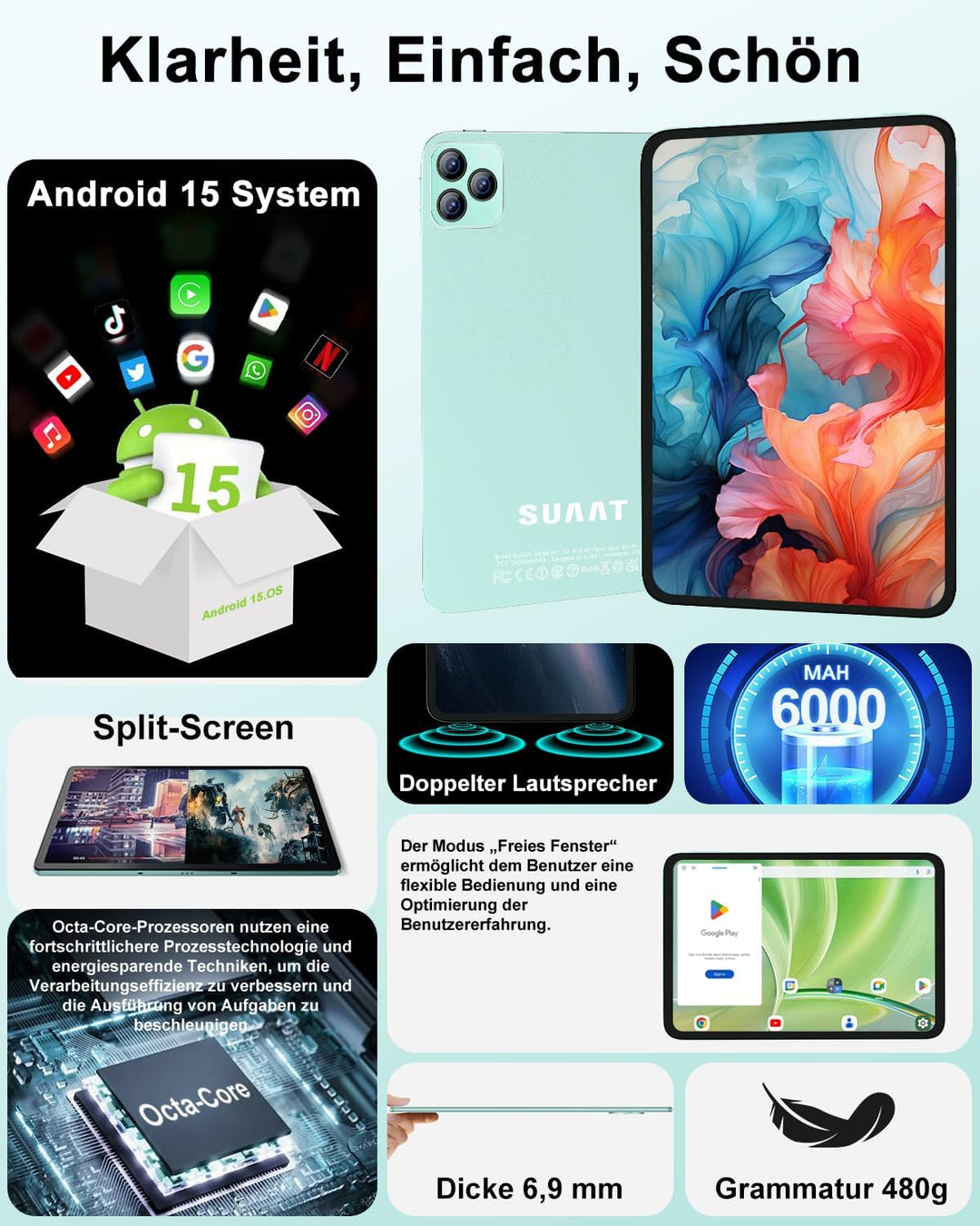 2026 Tablet 10 Zoll, Android 15, Octa-Core, 22 GB RAM + 128 GB ROM (2 TB TF) | WiFi 5G + 2,4G | GPS