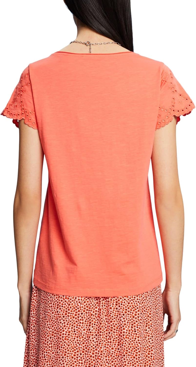 ESPRIT Baumwoll-T-Shirt mit Lochstickerei am Ärmel