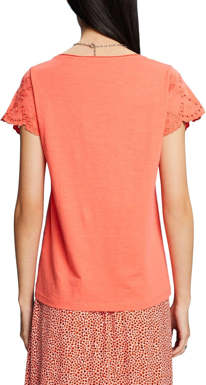 ESPRIT Baumwoll-T-Shirt mit Lochstickerei am Ärmel