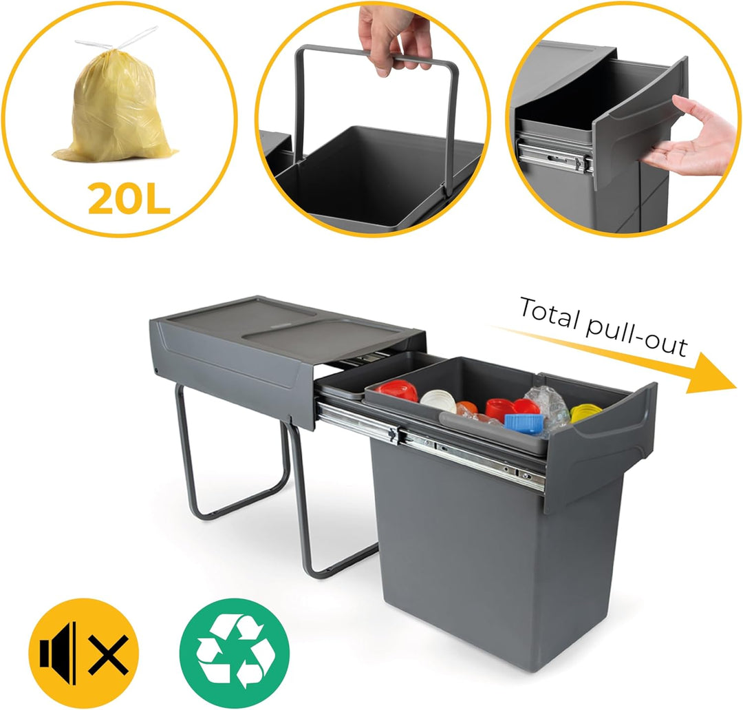 Emuca - Küchenabfalleimer mit unterseitiger Befestigung, ausziehbarer Recycle-Mülleimer, 1x20 L, Sta