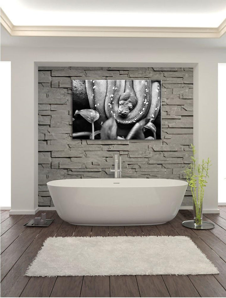 Pixxprint Grüne Schlange, gelbe Augen, 100x70cm Leinwandbild bespannt auf Holzrahmen/Wandbild Kunstd