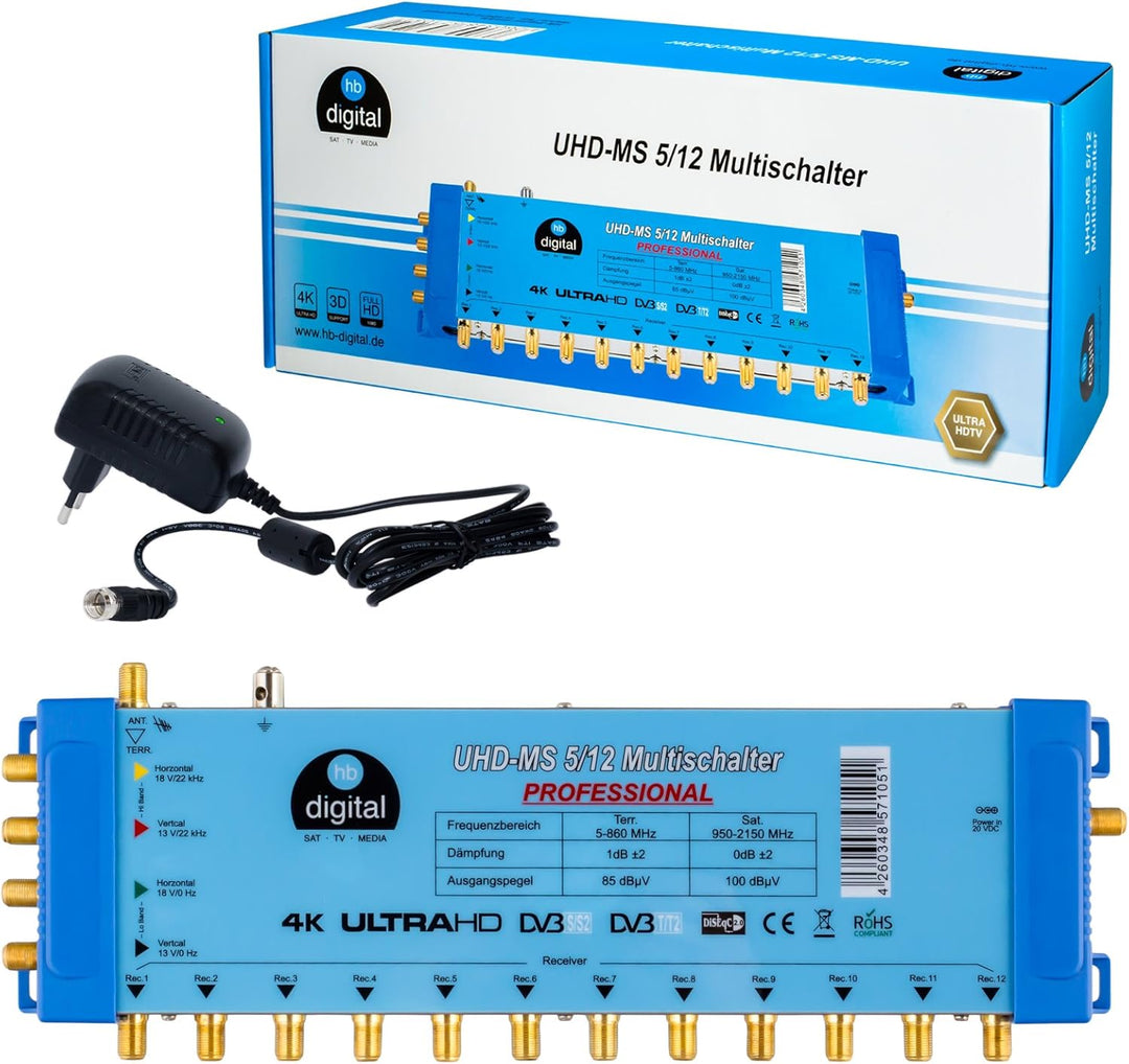Multischalter pmse 5/12 HB-DIGITAL Set für 1x SAT bis 12 x Teilnehmer/Receiver für Full HDTV 3D 4K U