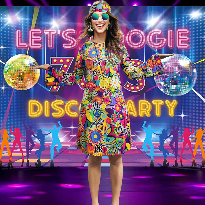 MRYUWB Damen-Hippie-Kleid, 1970er-Kostüm, mit Halskette, Ohrringen, Sonnenbrille, Disco-Outfit, 1960