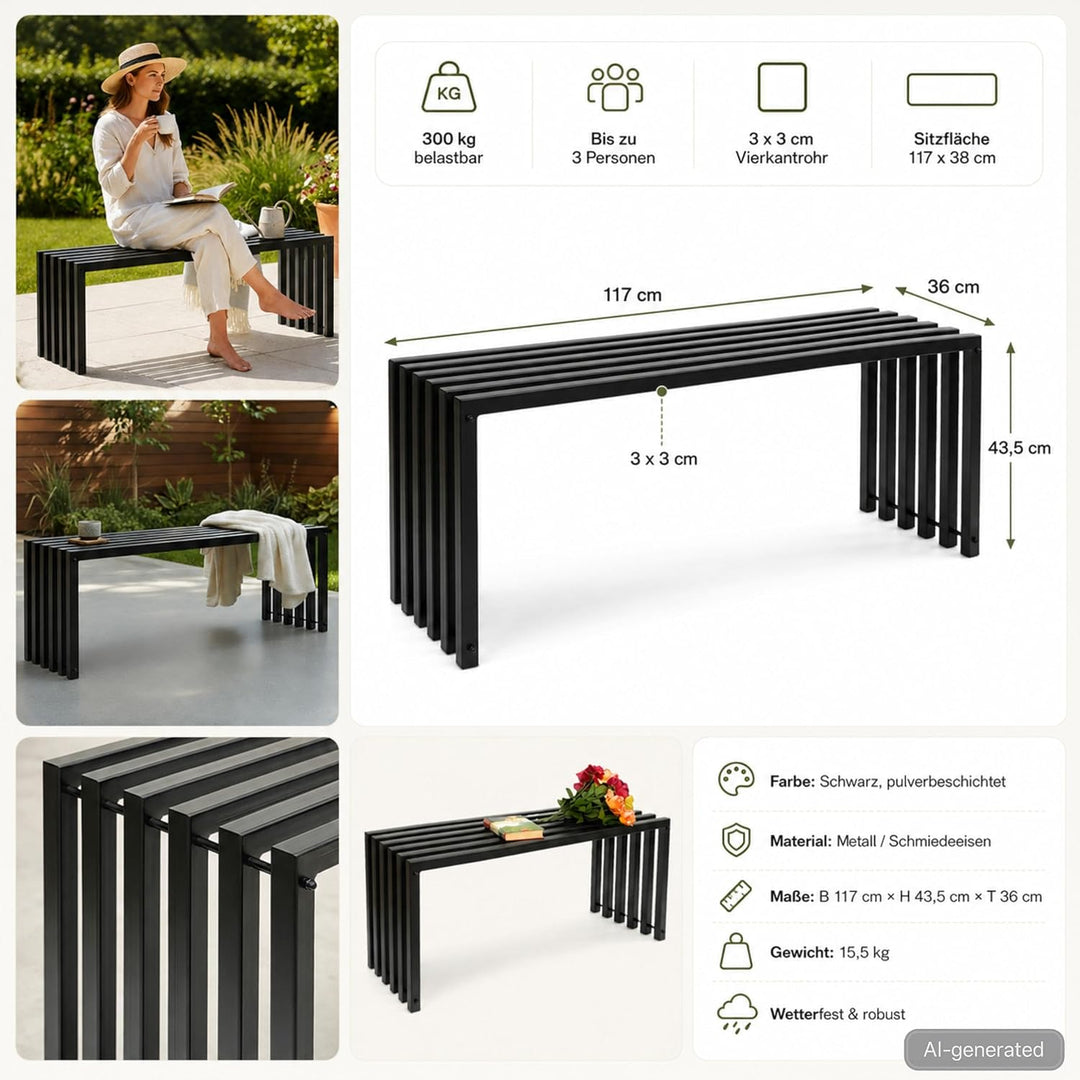 DanDiBo Gartenbank Metall Massiv Wetterfest Schwarz 120 cm Sitzbank Modern 96205 Parkbank Eisen Bank