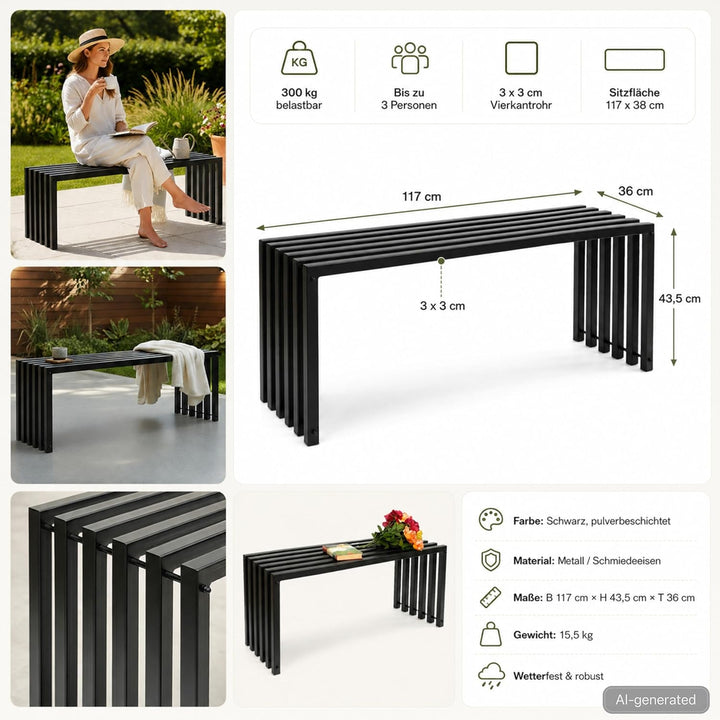 DanDiBo Gartenbank Metall Massiv Wetterfest Schwarz 120 cm Sitzbank Modern 96205 Parkbank Eisen Bank