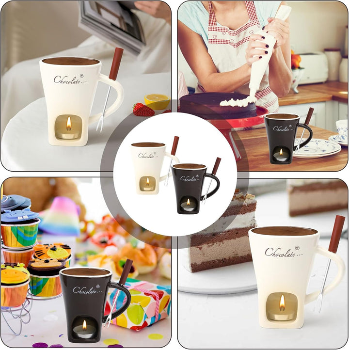 2PCS Schokofondue Tasse Keramik 130ML Schoko Fondue Cup mit Teelichthalter und Gabeln Schokoladenfon