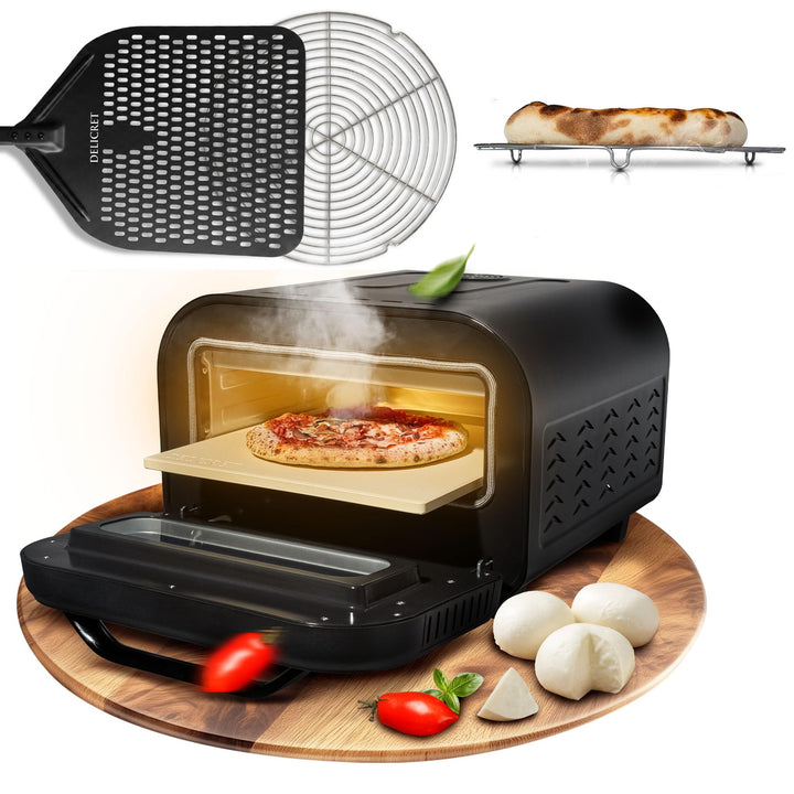 DELICRET elektrischer Pizzaofen 12" - bis zu 450℃ - 1700 Watt - Backraumtemperatur und Steintemperat
