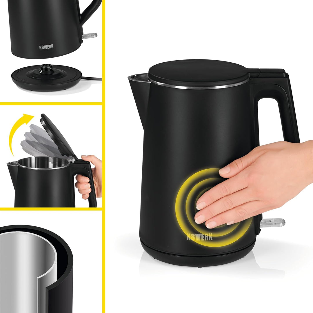 N8WERK Wasserkocher mit Doppelwand-Design in der Midnight Black Edition | Fassungsvermögen 1,5 Liter