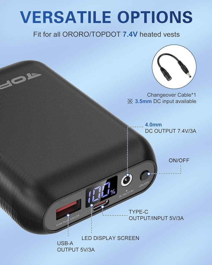 Topdot 16000mAh Powerbank für Heizweste, Beheizbarer Westen-Akkupack, DC- und USB-Ausgangsanschlüsse