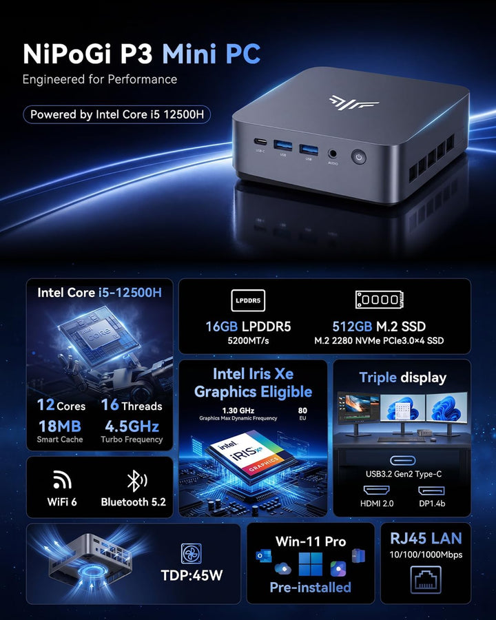 NiPoGi CK10 Mini PC Ιntel Core i5-12450H(8C/12T, bis zu 4,40 GHz), 16GB DDR4 512GB M.2 NVMe SSD Mini