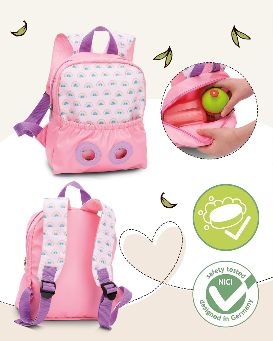 NICI Kinderrucksack rosa 2 in 1 mit Kuscheltier Waschbär 25cm - Kindergartenrucksack Mädchen & Junge