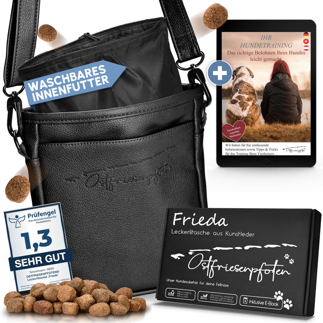 Ostfriesenpfoten® Leckerlibeutel 'Frieda' für Hunde aus hochwertigem Kunstleder - Schwarz Grösse M -