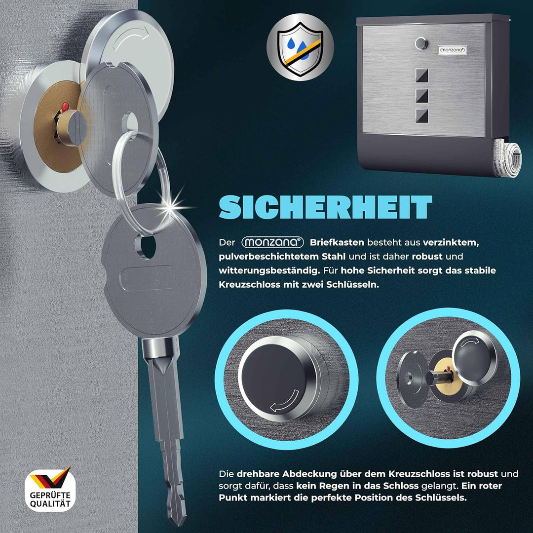 MONZANA® Design Briefkasten Edelstahl mit Zeitungsfach Sichtfenster Namensschild drehbare Abdeckung
