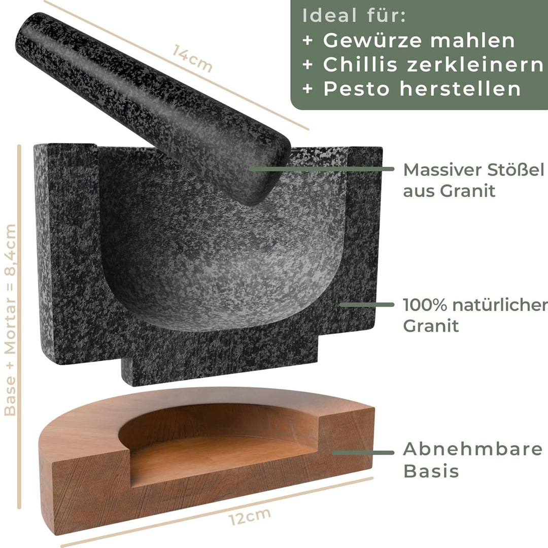 WALDWERK Mörser mit Stössel (12cm Durchmesser) - Mörser auf edler und stabiler Akazienholzbasis - Mö