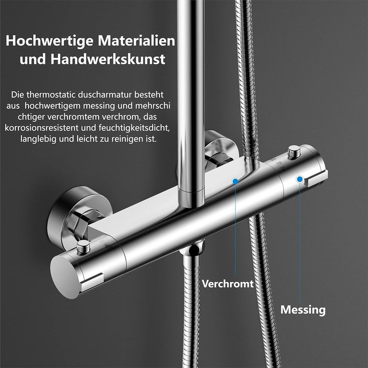 YOOZENA Duschsystem mit Thermostat, Regenduschkopf 26x19 cm, Handbrause, Chrom, Kupfer, höhenverstel